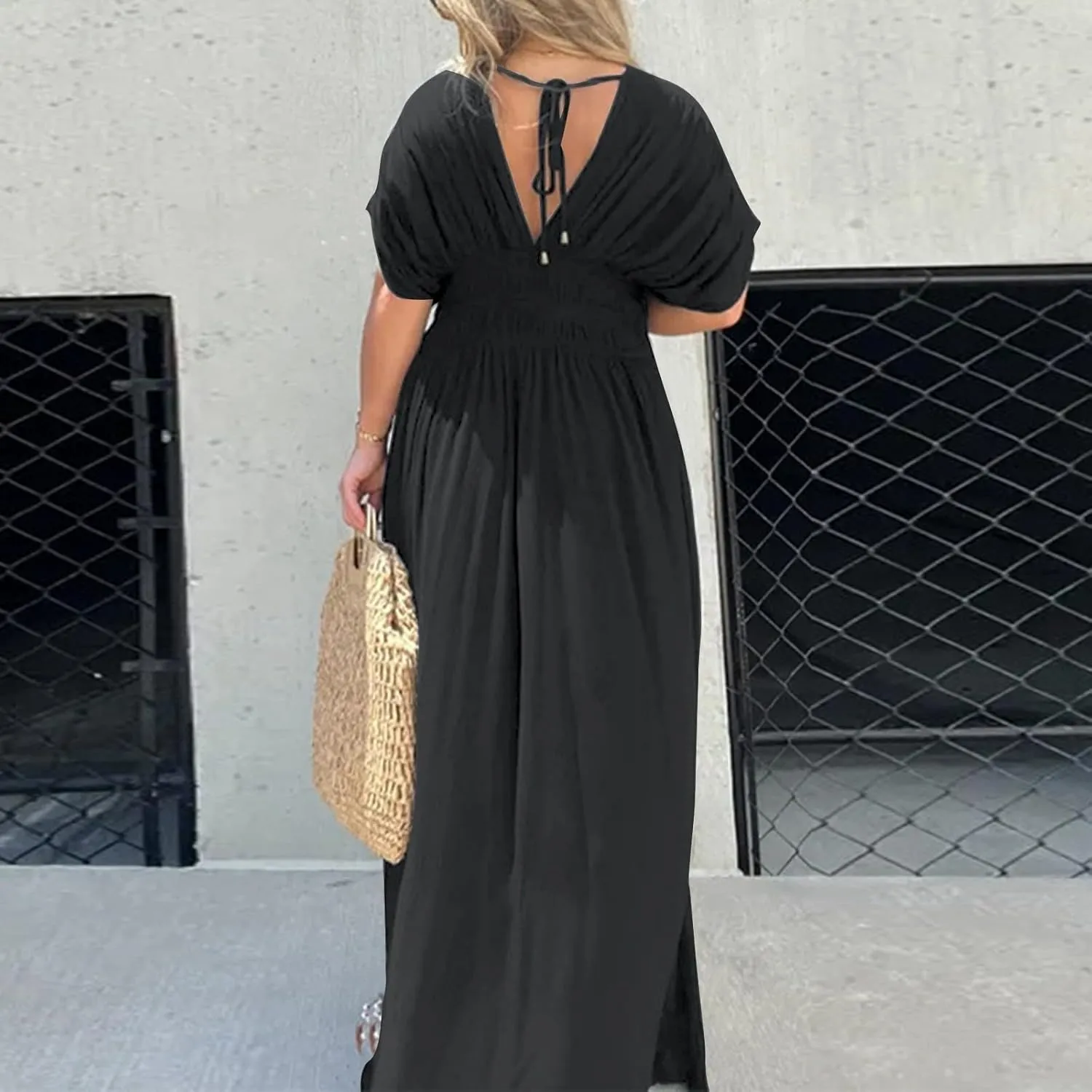 Women's Casual Maxi Dresses Ruffle Sleeve Smocked Dress High Waisted Plus Size Long Dresses Split Flowy Sundress