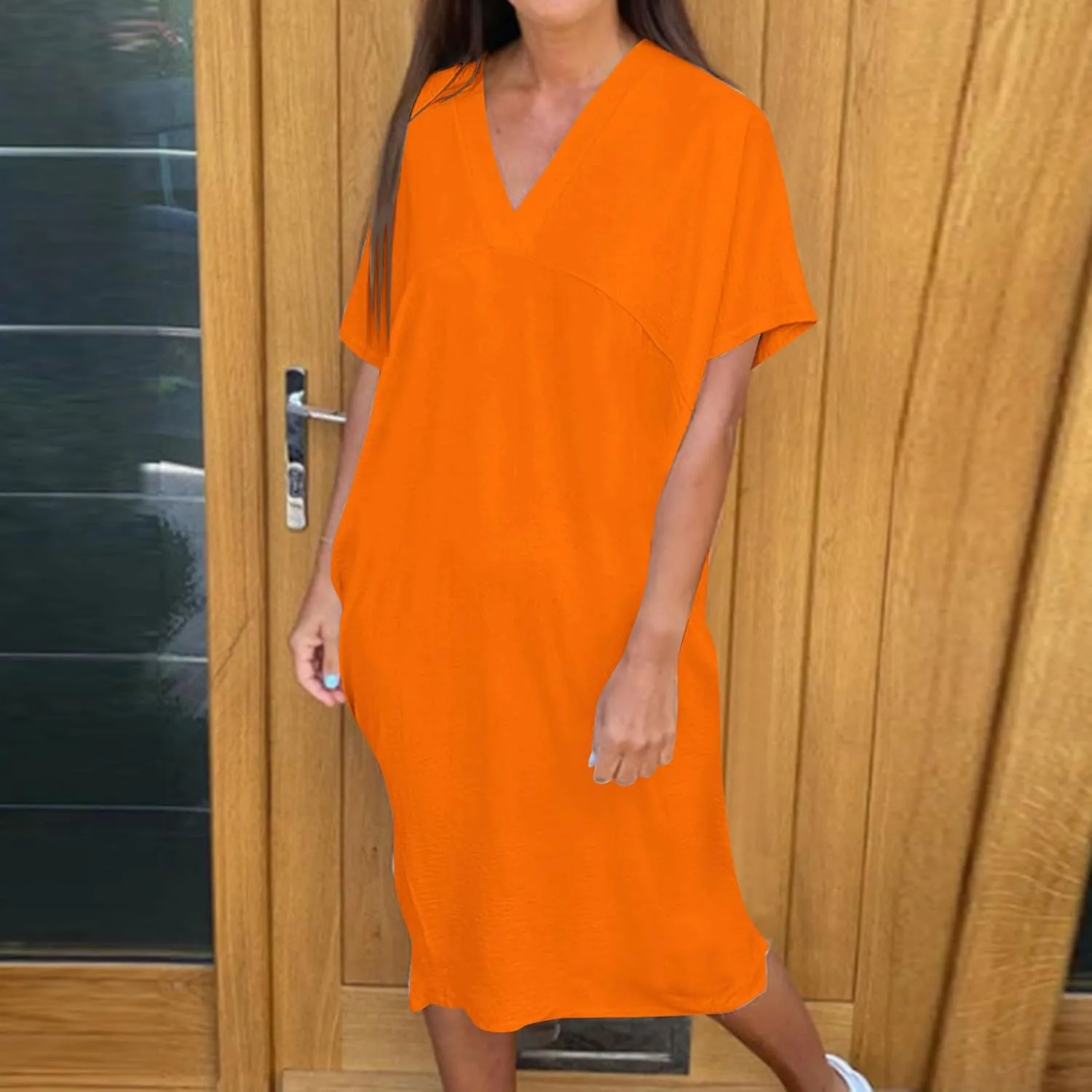 Women's Casual T Shirt V Neck Dress Summer Short Sleeve Dresses 2025 Basic Solid Midi Sundresses Beach Vacation Outfit