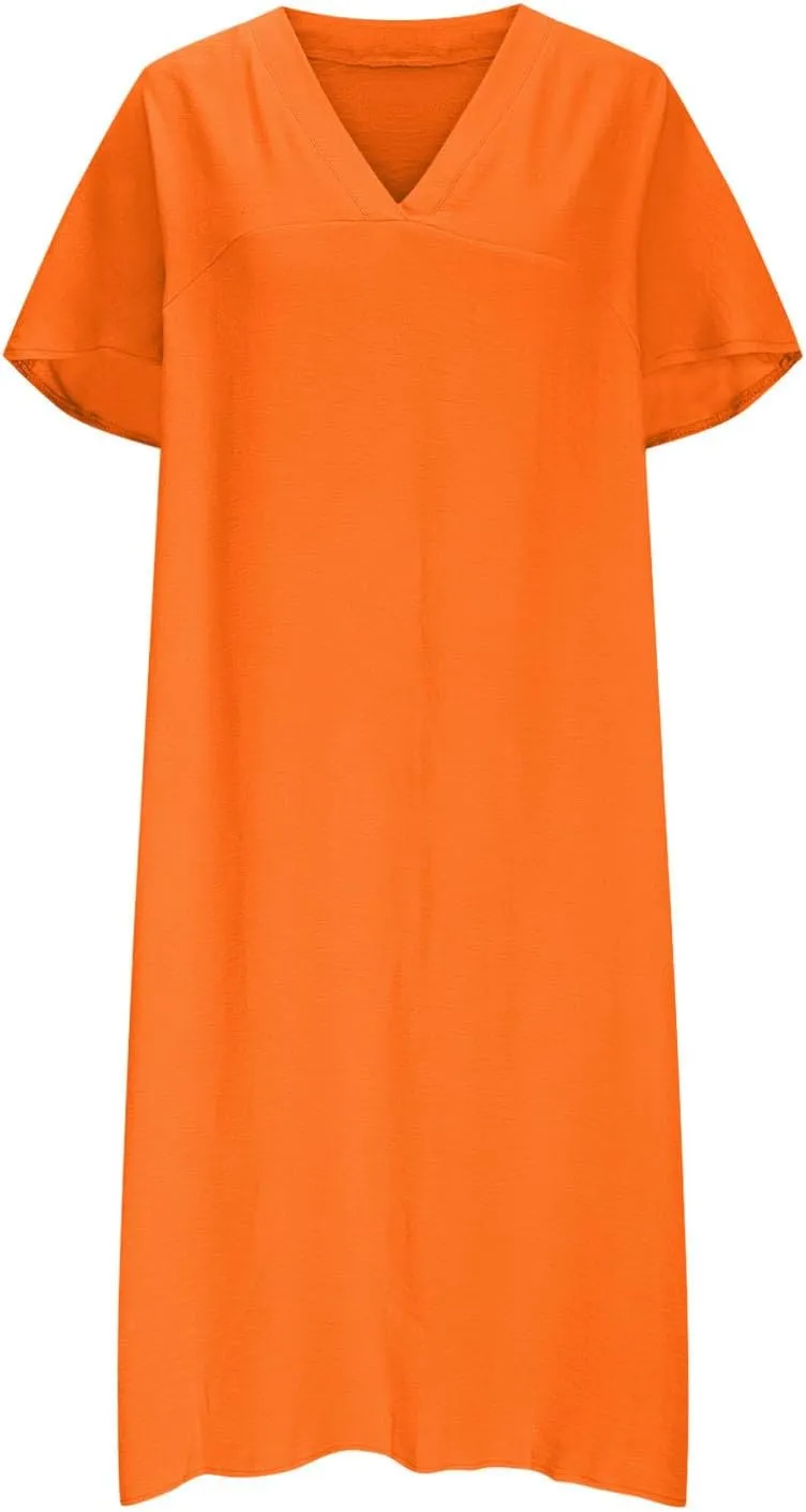 Women's Casual T Shirt V Neck Dress Summer Short Sleeve Dresses 2025 Basic Solid Midi Sundresses Beach Vacation Outfit