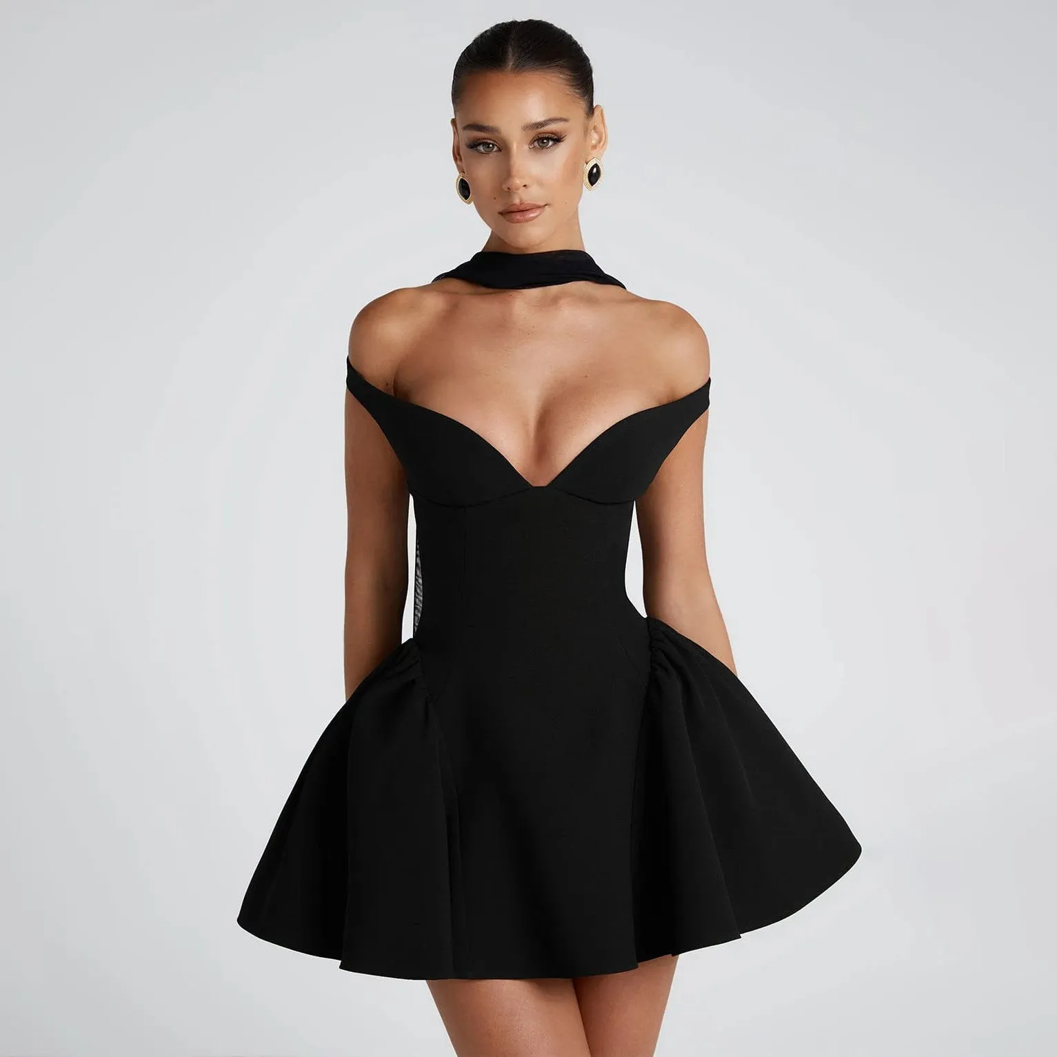 Womens Cocktail Dress  Satin Finish  Slim Fit  Off Shoulder  Backless Mini A-Line