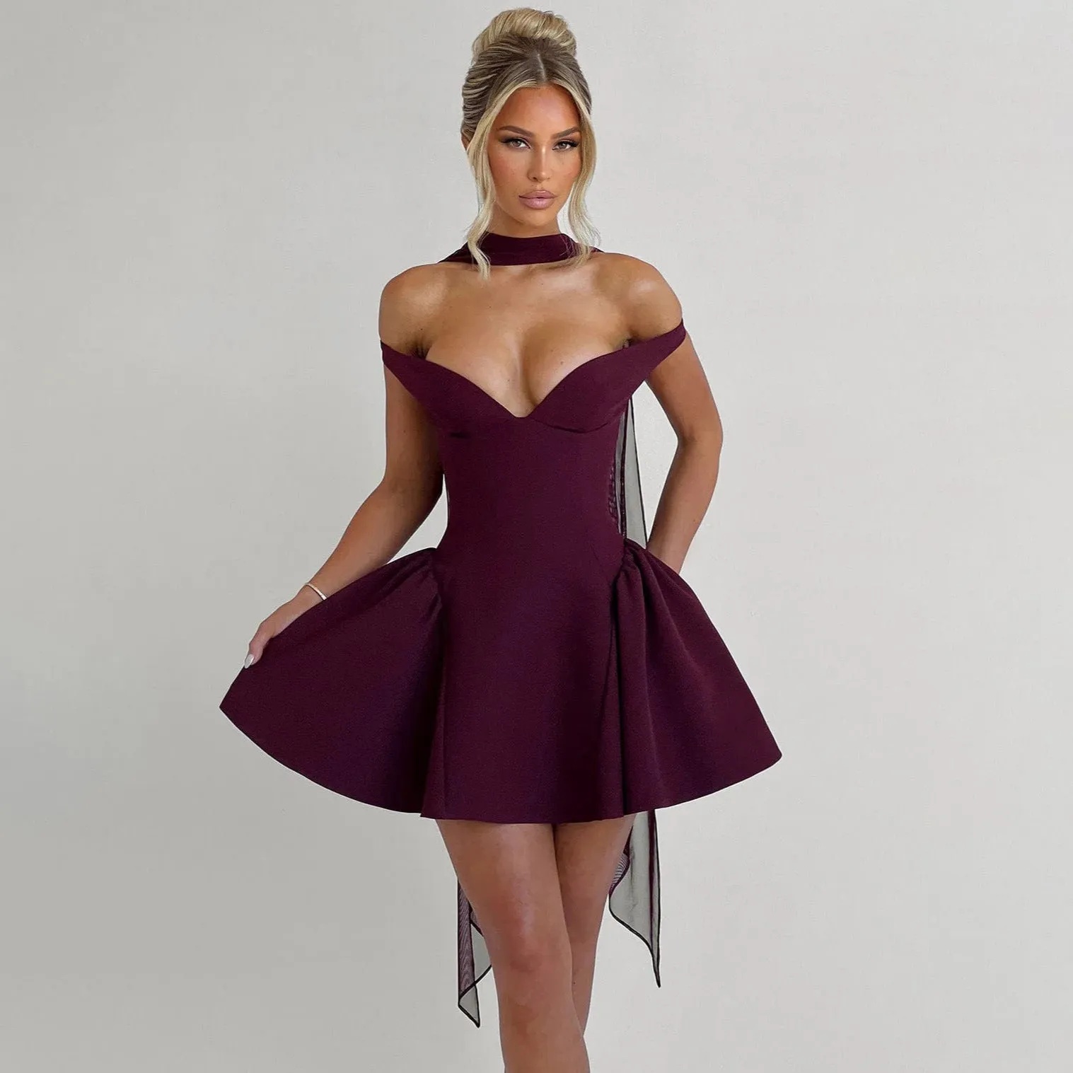 Womens Cocktail Dress  Satin Finish  Slim Fit  Off Shoulder  Backless Mini A-Line