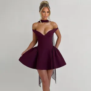 Womens Cocktail Dress  Satin Finish  Slim Fit  Off Shoulder  Backless Mini A-Line