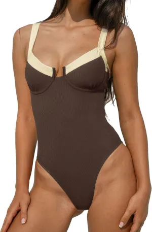 Women's Contrast Trim Knotted Slimming One-Piece Swimsuit Vintage Bathing Suits