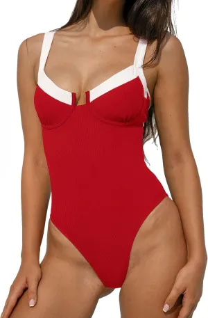 Women's Contrast Trim Knotted Slimming One-Piece Swimsuit Vintage Bathing Suits