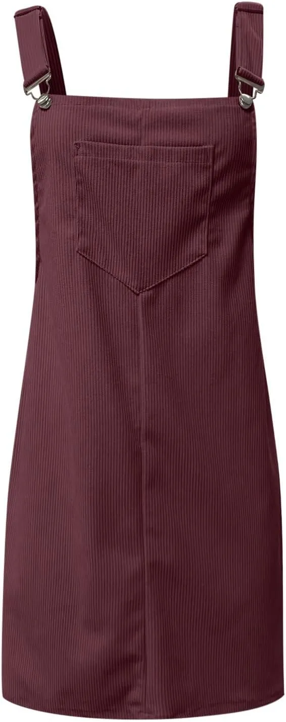 Women's Corduroy A Line Mini Dress Adjustable Button Down Strap Sundress Front Pockets Elegant Plain Cord Dresses
