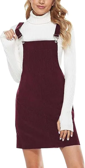 Women's Corduroy A Line Mini Dress Adjustable Button Down Strap Sundress Front Pockets Elegant Plain Cord Dresses