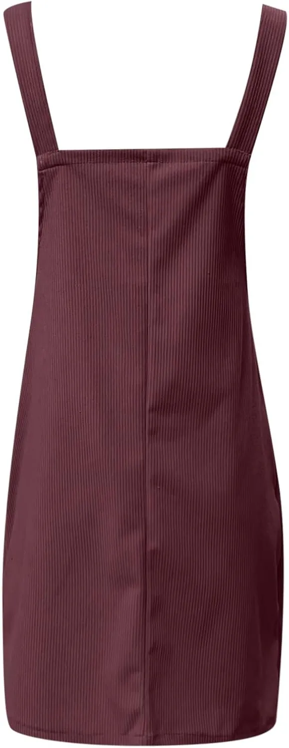 Women's Corduroy A Line Mini Dress Adjustable Button Down Strap Sundress Front Pockets Elegant Plain Cord Dresses