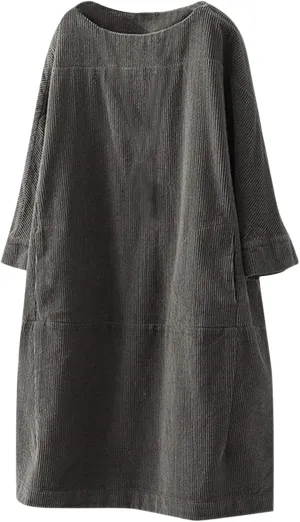 Womens Corduroy Vintage Long Sleeve Dress Oversize Tunic Dress Casual Loose Fit Dress Plus Size Mini Dress with Pocket