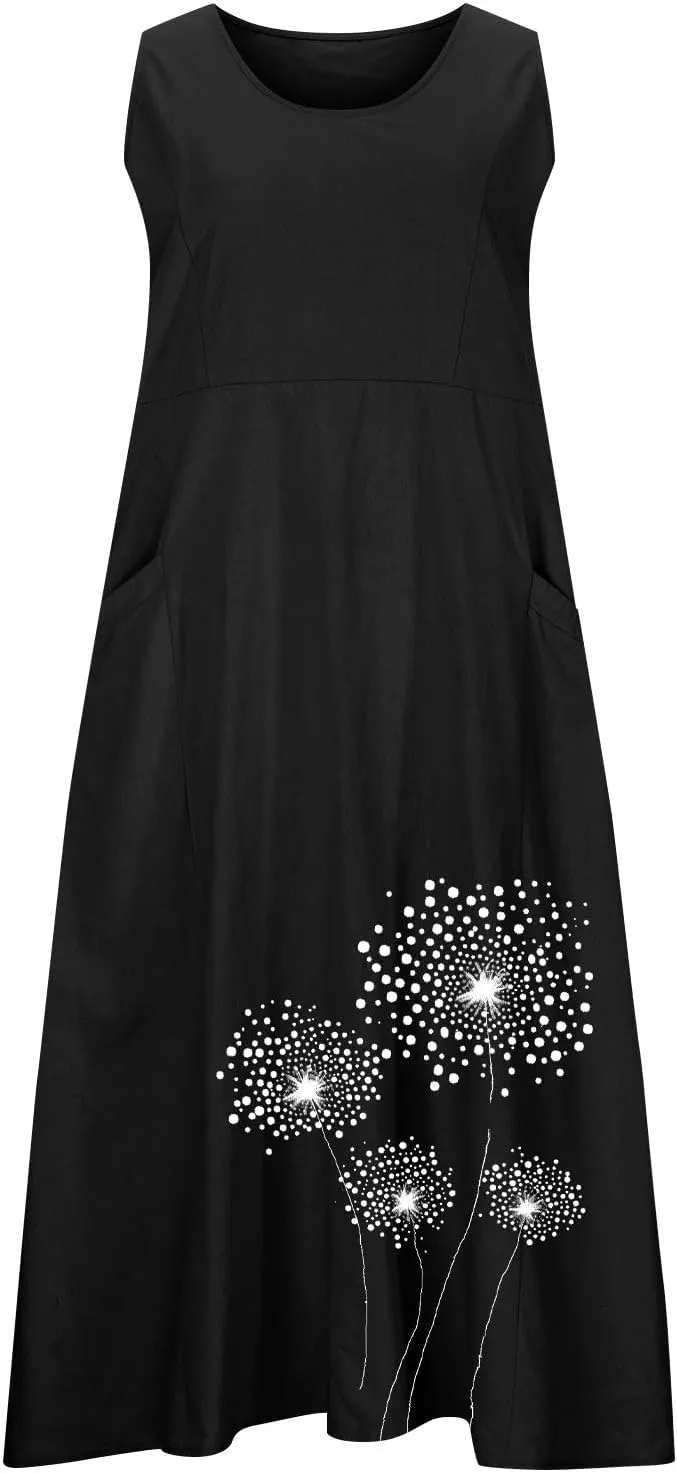 Womens Cotton Linen Sundress Sleeveless Flowy Maxi Dresses Plus Size Boho Summer Casual Loose Beach Tank Dress Pockets