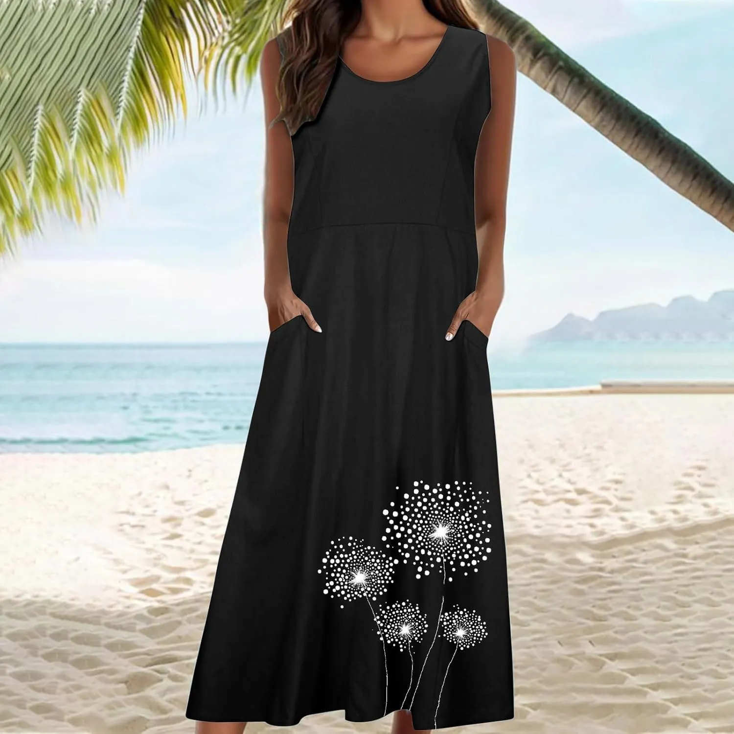 Womens Cotton Linen Sundress Sleeveless Flowy Maxi Dresses Plus Size Boho Summer Casual Loose Beach Tank Dress Pockets