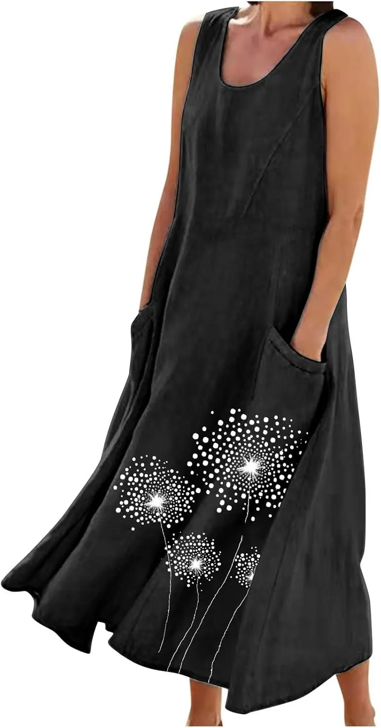 Womens Cotton Linen Sundress Sleeveless Flowy Maxi Dresses Plus Size Boho Summer Casual Loose Beach Tank Dress Pockets