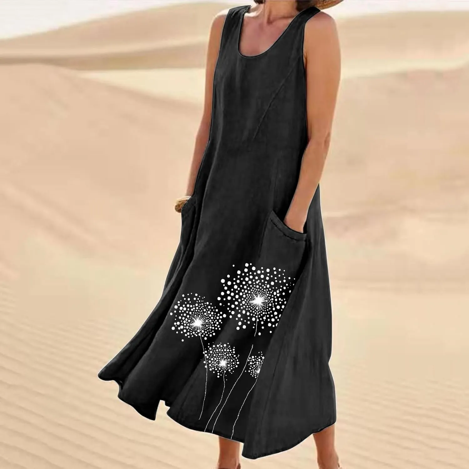Womens Cotton Linen Sundress Sleeveless Flowy Maxi Dresses Plus Size Boho Summer Casual Loose Beach Tank Dress Pockets