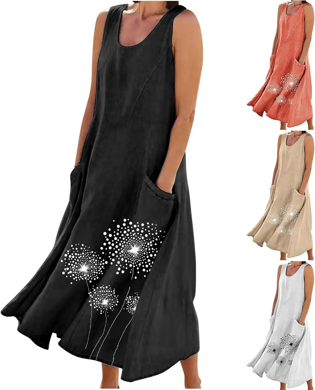 Womens Cotton Linen Sundress Sleeveless Flowy Maxi Dresses Plus Size Boho Summer Casual Loose Beach Tank Dress Pockets