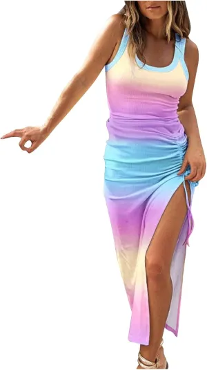 Women's Crewneck Sleeveless Casual Maxi Dresses Striped Graphic Print Sundress Loose Fit Fashion Tank Dresses