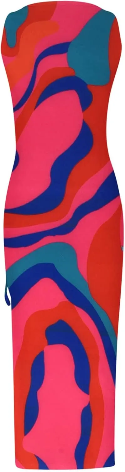 Women's Crewneck Sleeveless Casual Maxi Dresses Striped Graphic Print Sundress Loose Fit Fashion Tank Dresses