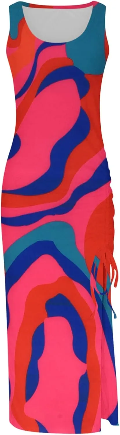 Women's Crewneck Sleeveless Casual Maxi Dresses Striped Graphic Print Sundress Loose Fit Fashion Tank Dresses