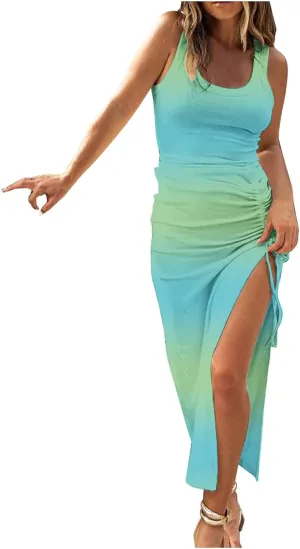 Women's Crewneck Sleeveless Casual Maxi Dresses Striped Graphic Print Sundress Loose Fit Fashion Tank Dresses
