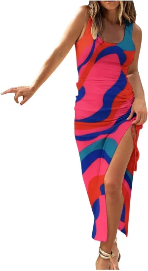 Women's Crewneck Sleeveless Casual Maxi Dresses Striped Graphic Print Sundress Loose Fit Fashion Tank Dresses