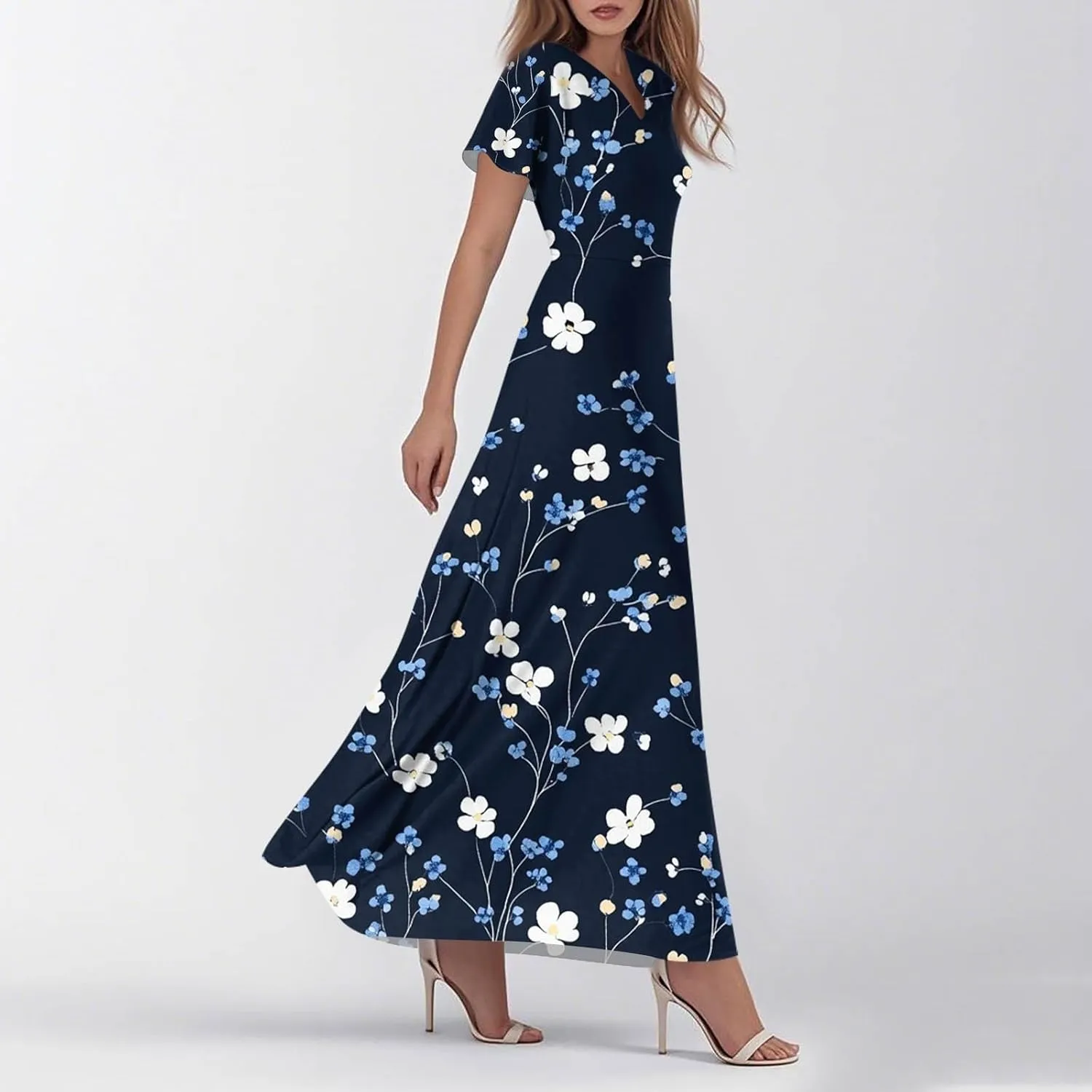 Women's Cruise Outfits 2025 Casual Loose Trendy Chiffon Short Sleeve V-Neck Floral Print Maxi Dress Clothes, XS-2XL