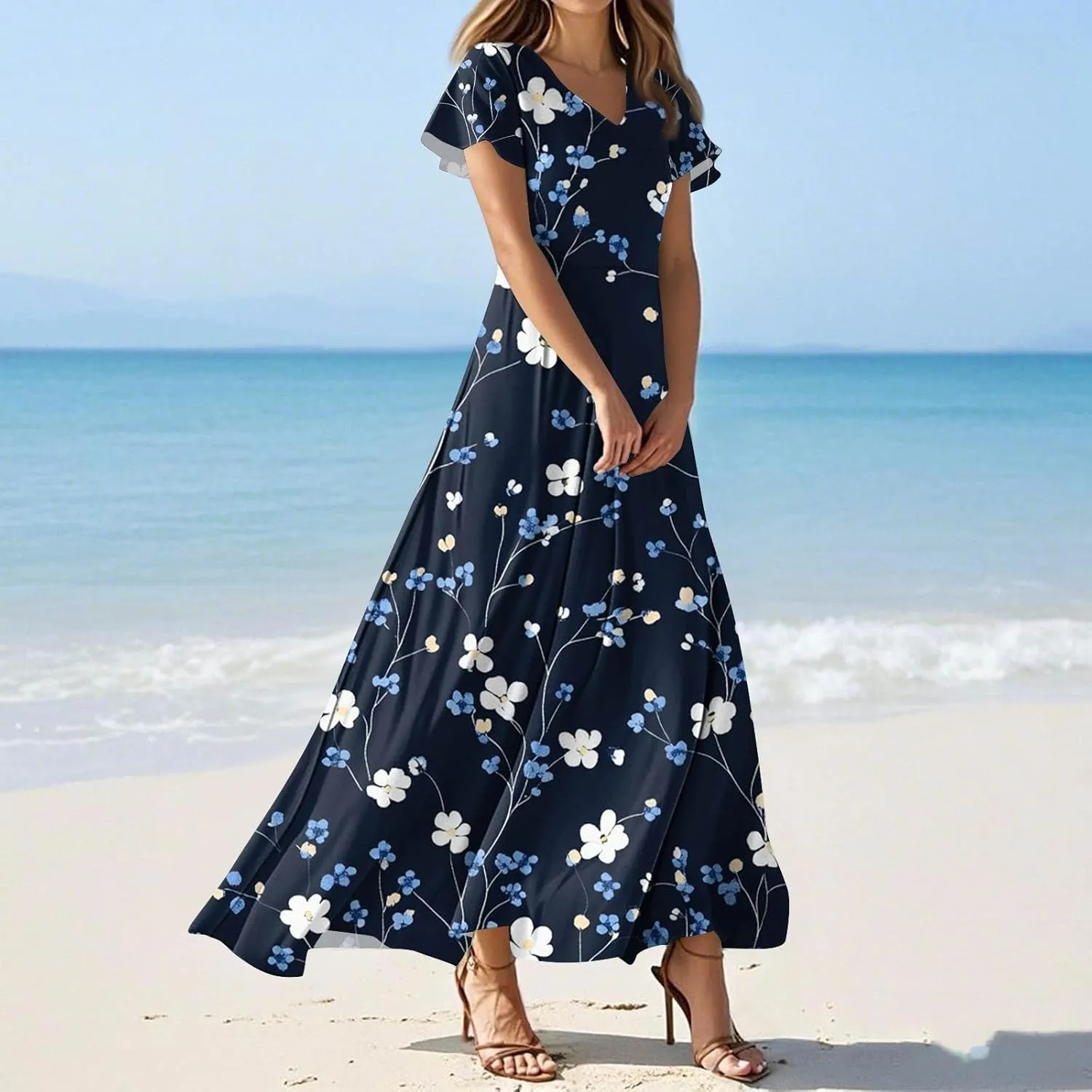 Women's Cruise Outfits 2025 Casual Loose Trendy Chiffon Short Sleeve V-Neck Floral Print Maxi Dress Clothes, XS-2XL
