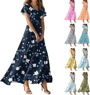 Women's Cruise Outfits 2025 Casual Loose Trendy Chiffon Short Sleeve V-Neck Floral Print Maxi Dress Clothes, XS-2XL