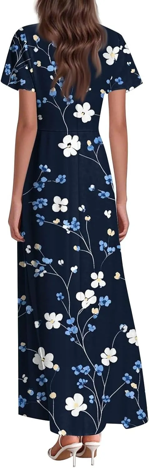 Women's Cruise Outfits 2025 Casual Loose Trendy Chiffon Short Sleeve V-Neck Floral Print Maxi Dress Clothes, XS-2XL