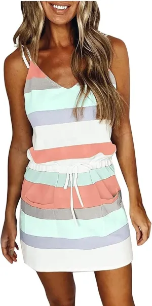Women's Dresses Spring Loose Casual Beach 2024 Striped Printed V-Neck Short Sleeve Dress, S-3XL