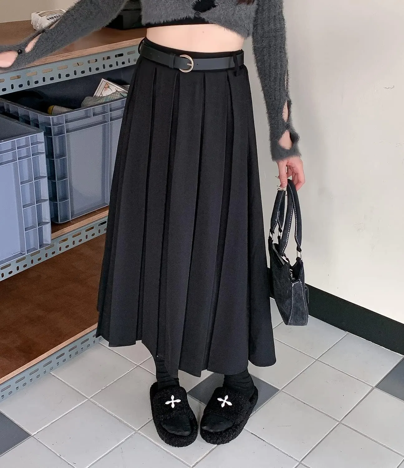 Women's Elegant High Waist Maxi Skirt A-Line Elastic Waist Winter Warm Flare Long Pleated Skirts with Belt