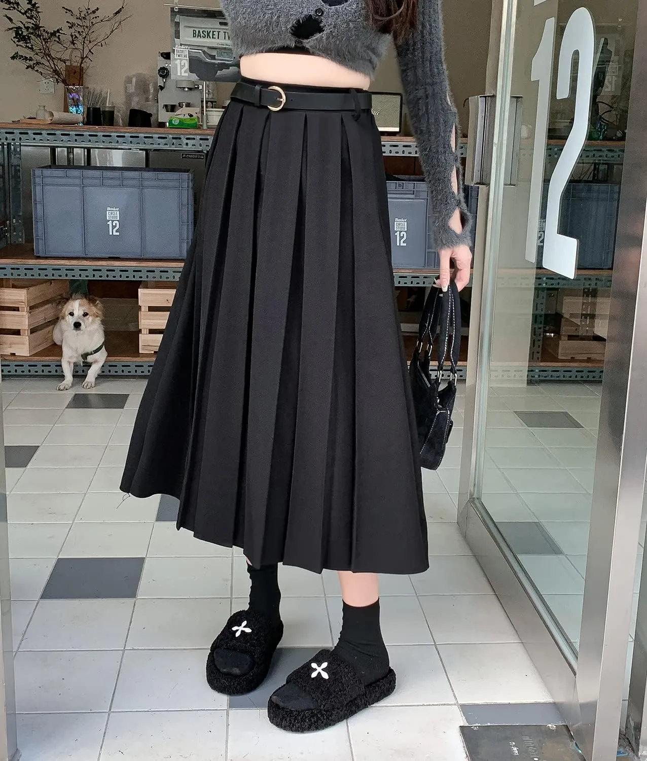 Women's Elegant High Waist Maxi Skirt A-Line Elastic Waist Winter Warm Flare Long Pleated Skirts with Belt