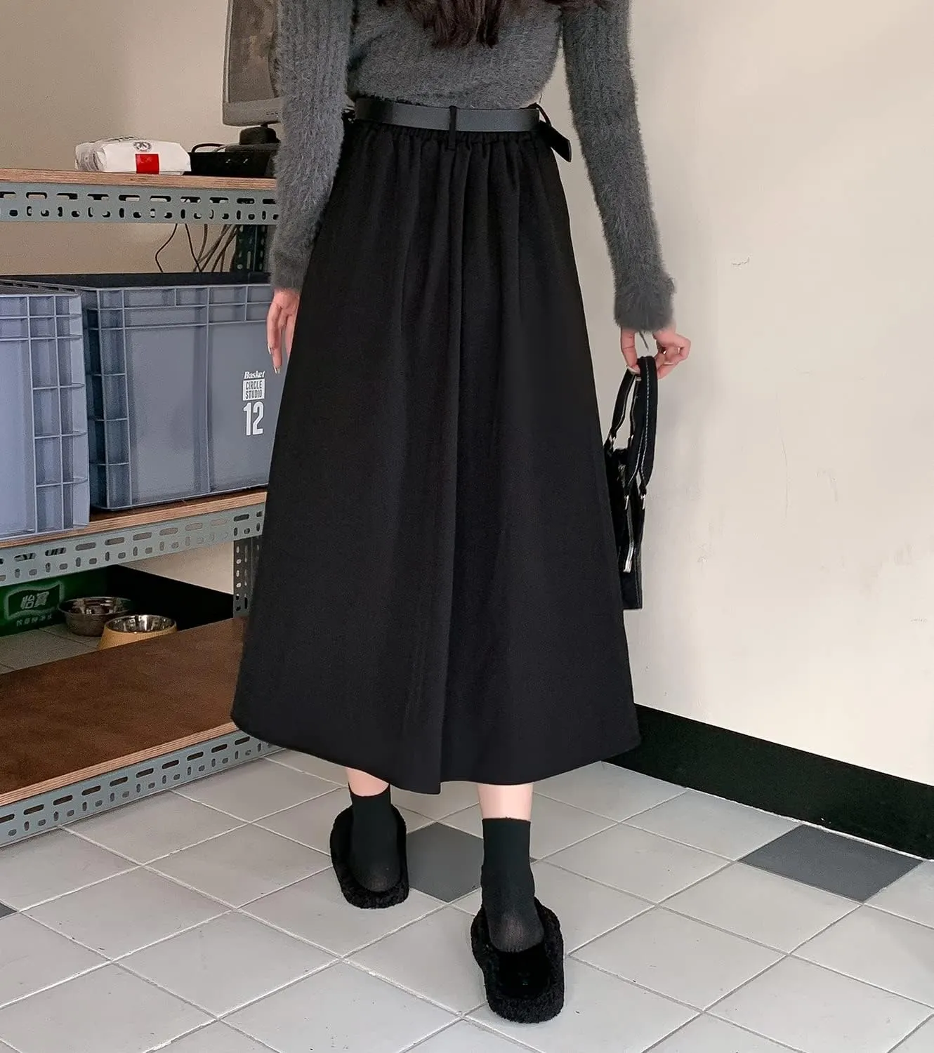 Women's Elegant High Waist Maxi Skirt A-Line Elastic Waist Winter Warm Flare Long Pleated Skirts with Belt
