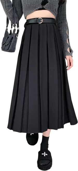 Women's Elegant High Waist Maxi Skirt A-Line Elastic Waist Winter Warm Flare Long Pleated Skirts with Belt