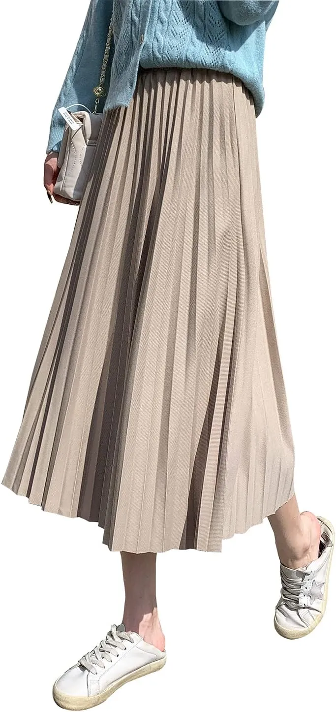 Women's Elegant High Waist Midi Pleated Skirt Elastic Waist Winter Long Skirt