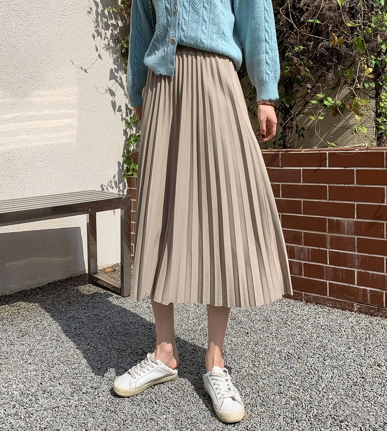 Women's Elegant High Waist Midi Pleated Skirt Elastic Waist Winter Long Skirt