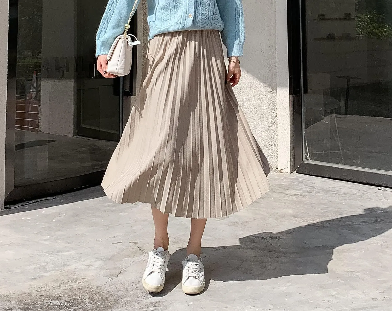 Women's Elegant High Waist Midi Pleated Skirt Elastic Waist Winter Long Skirt