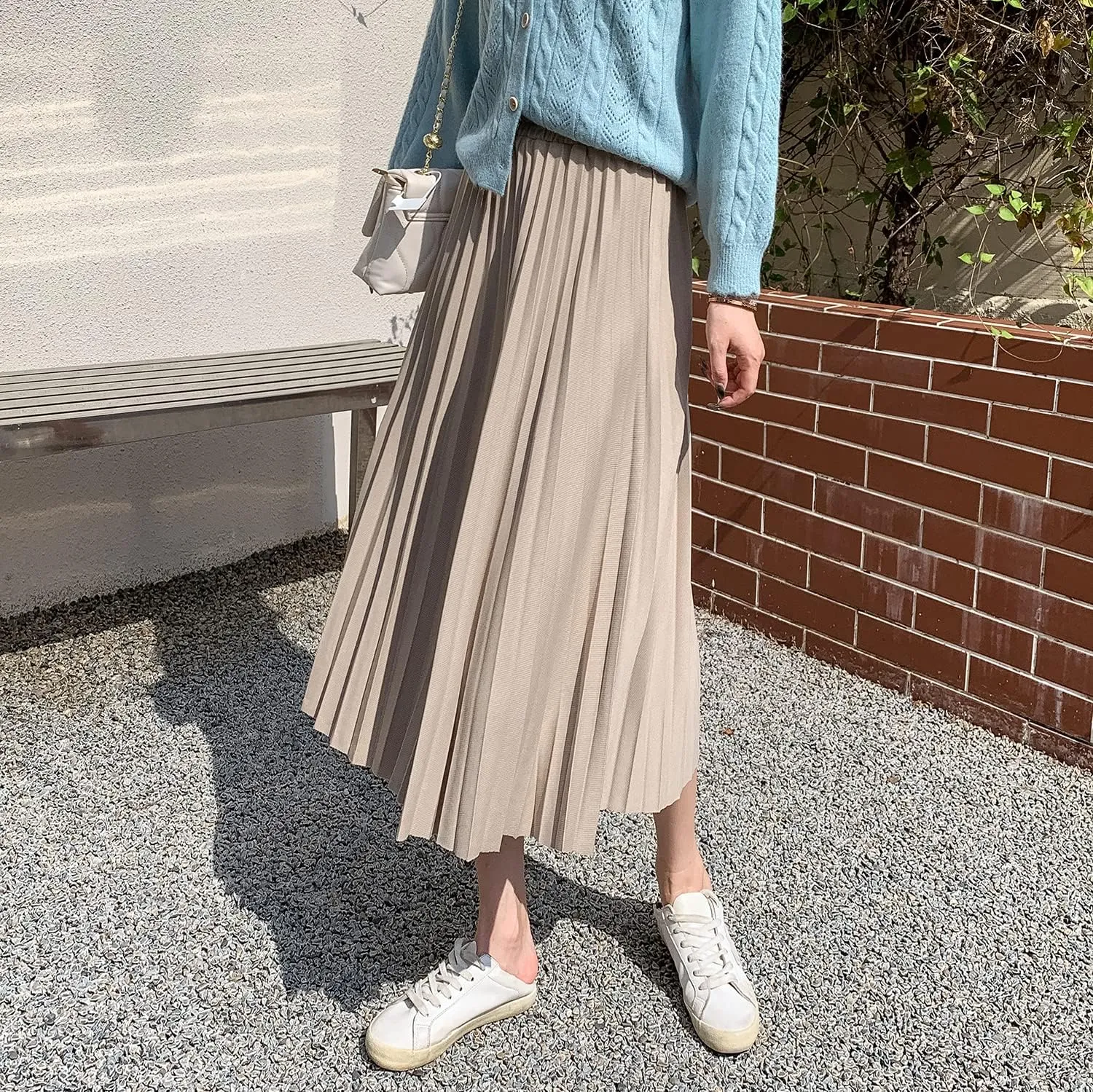 Women's Elegant High Waist Midi Pleated Skirt Elastic Waist Winter Long Skirt