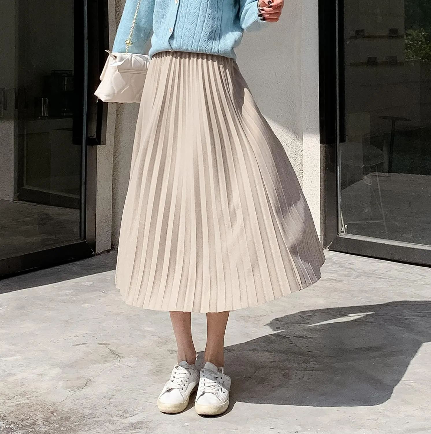 Women's Elegant High Waist Midi Pleated Skirt Elastic Waist Winter Long Skirt