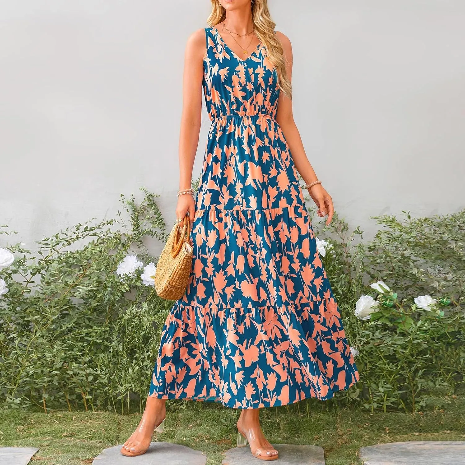 Womens Floral Maxi Dress V Neck Flowy Swing Summer A Line Dress Elastic Waist Sundress Elegant Wedding Guest Dresses