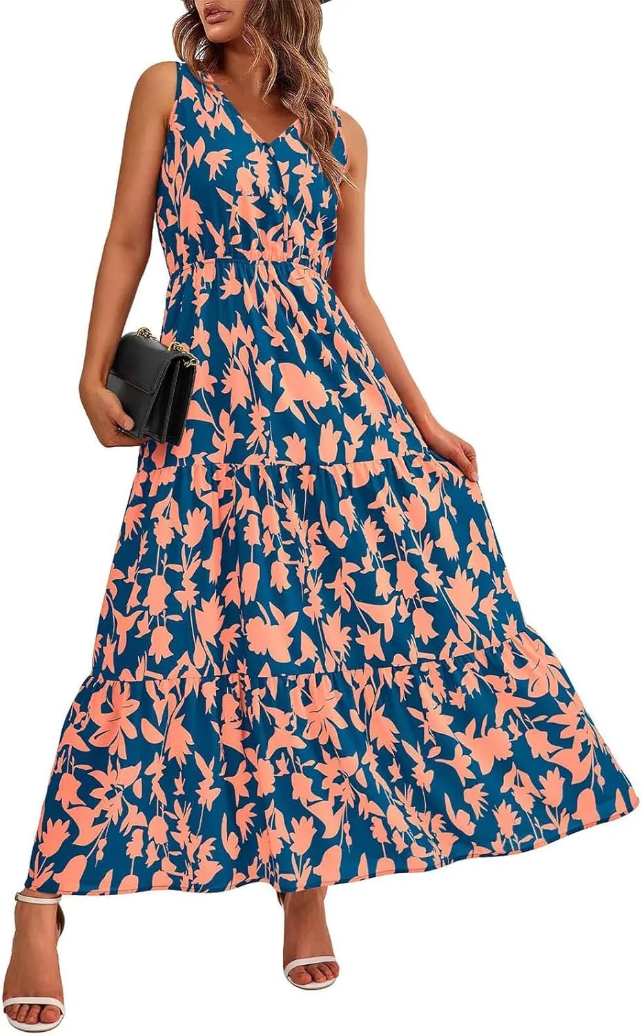 Womens Floral Maxi Dress V Neck Flowy Swing Summer A Line Dress Elastic Waist Sundress Elegant Wedding Guest Dresses
