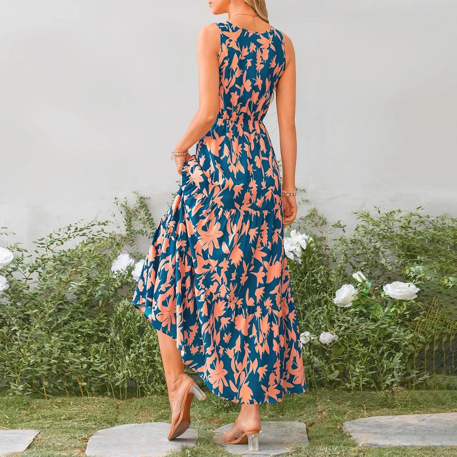 Womens Floral Maxi Dress V Neck Flowy Swing Summer A Line Dress Elastic Waist Sundress Elegant Wedding Guest Dresses