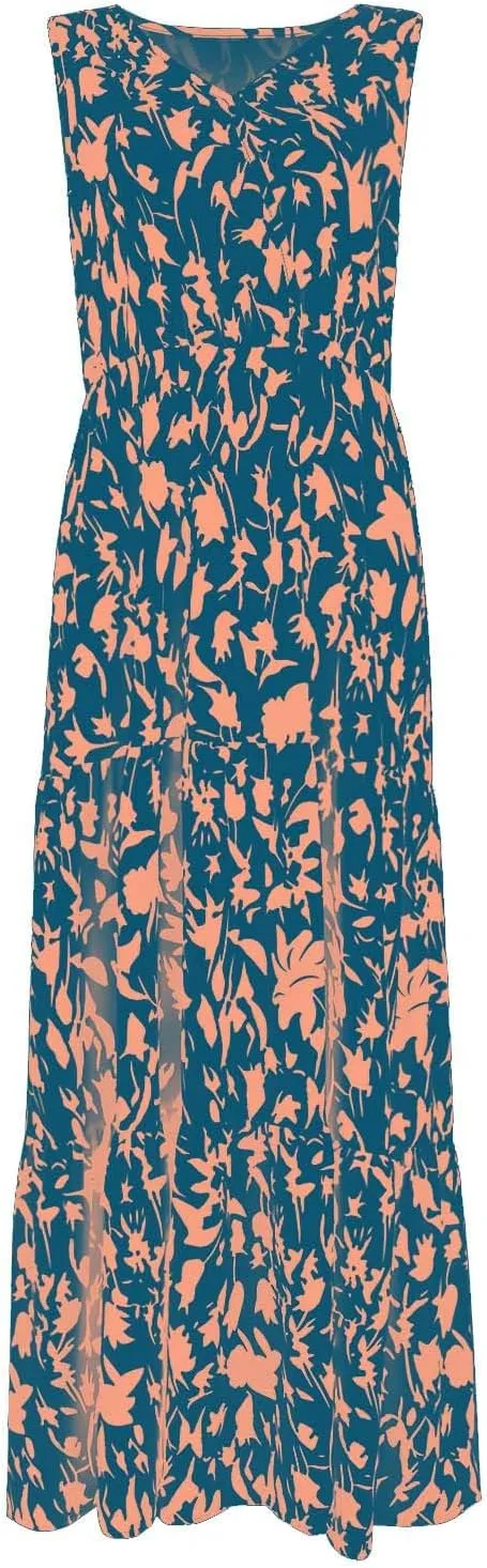 Womens Floral Maxi Dress V Neck Flowy Swing Summer A Line Dress Elastic Waist Sundress Elegant Wedding Guest Dresses