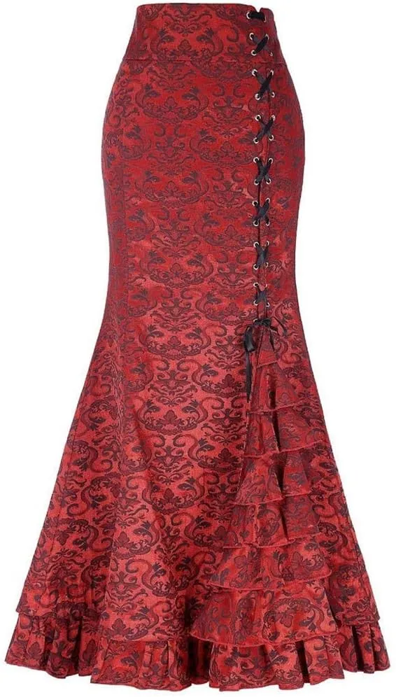 Womens High Waist Skirts Floor Length Retro Mermaid Bandage Printed Skirt Vintage Fishtail Pencil Skirt Maxi Wrap Dress