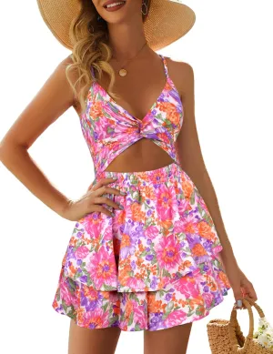Women's Jumpsuit Sexy V Neck Twist Spaghetti Straps Double Layer Ruffle Hem Mini Short Romper