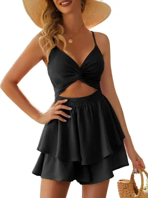 Women's Jumpsuit Sexy V Neck Twist Spaghetti Straps Double Layer Ruffle Hem Mini Short Romper