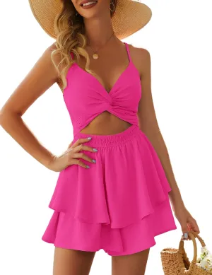 Women's Jumpsuit Sexy V Neck Twist Spaghetti Straps Double Layer Ruffle Hem Mini Short Romper