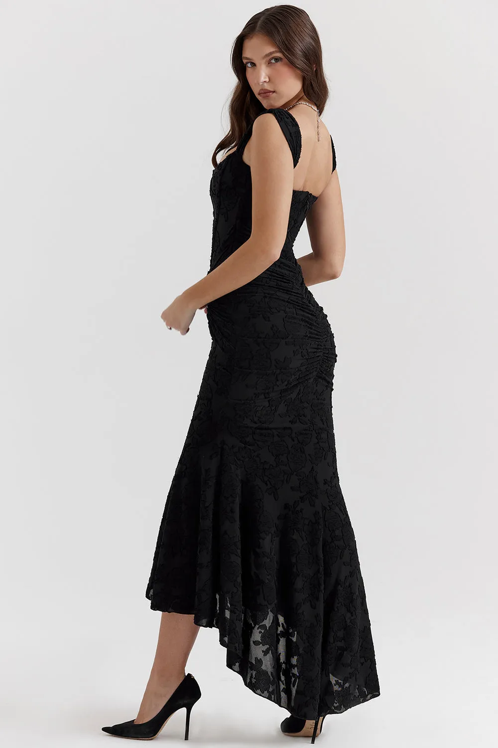 Womens Lace Dress  Off-Shoulder  Fitted Silhouette  Ruched Bodice  Formal Wear