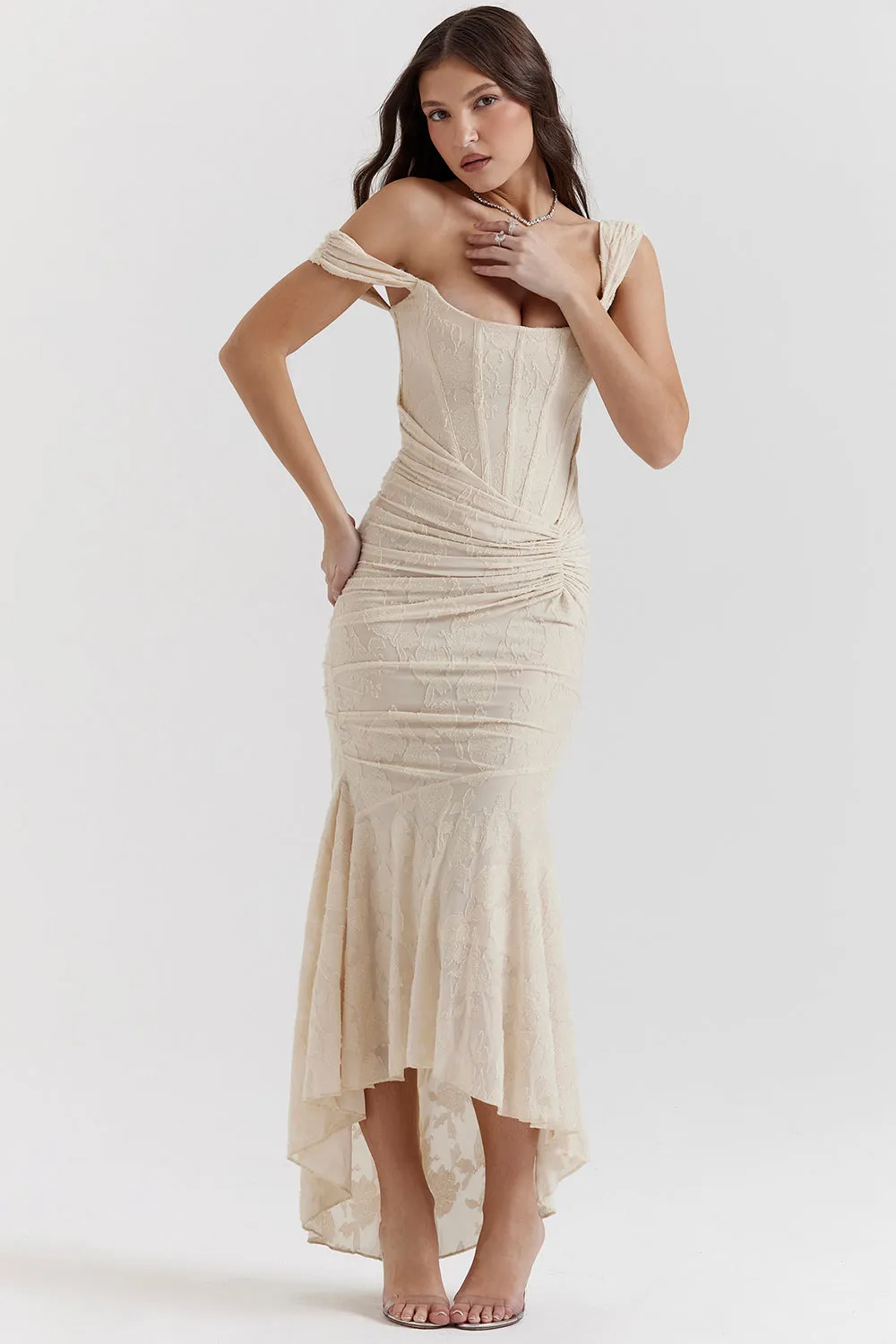 Womens Lace Dress  Off-Shoulder  Fitted Silhouette  Ruched Bodice  Formal Wear