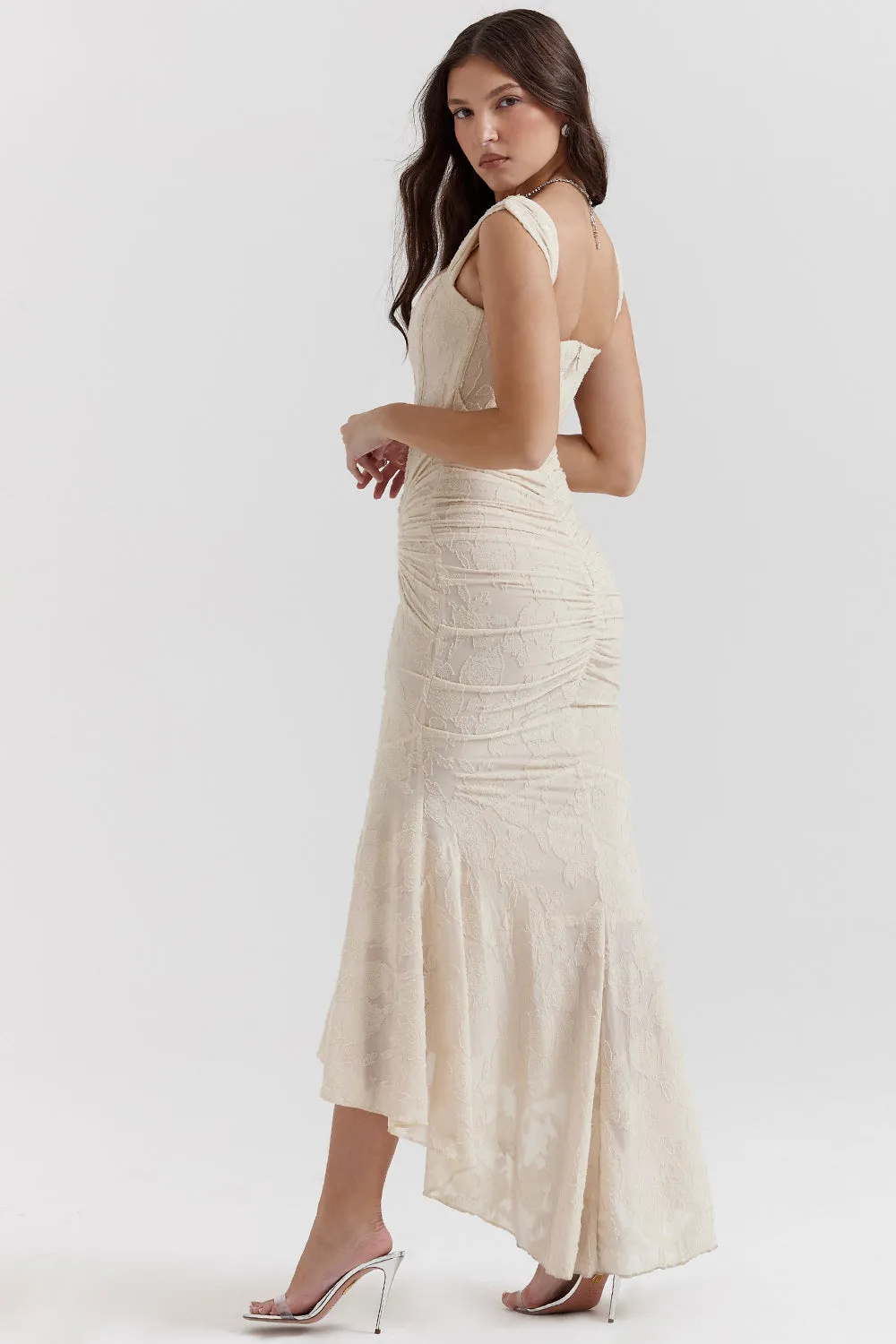 Womens Lace Dress  Off-Shoulder  Fitted Silhouette  Ruched Bodice  Formal Wear