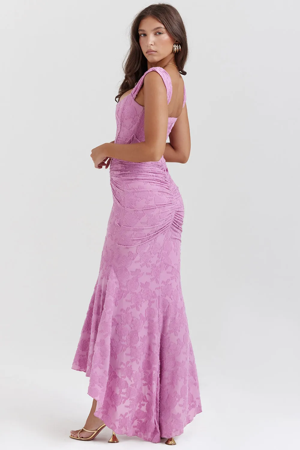 Womens Lace Dress  Off-Shoulder  Fitted Silhouette  Ruched Bodice  Formal Wear