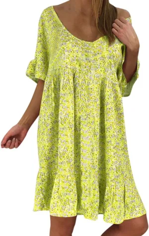 Women's Ladies Sexy Loose Print Hlaf Sleeve Ruffles Mini Dress Summer Dress Ruffle Sleeve Dress for Women Casual