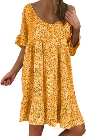 Women's Ladies Sexy Loose Print Hlaf Sleeve Ruffles Mini Dress Summer Dress Ruffle Sleeve Dress for Women Casual